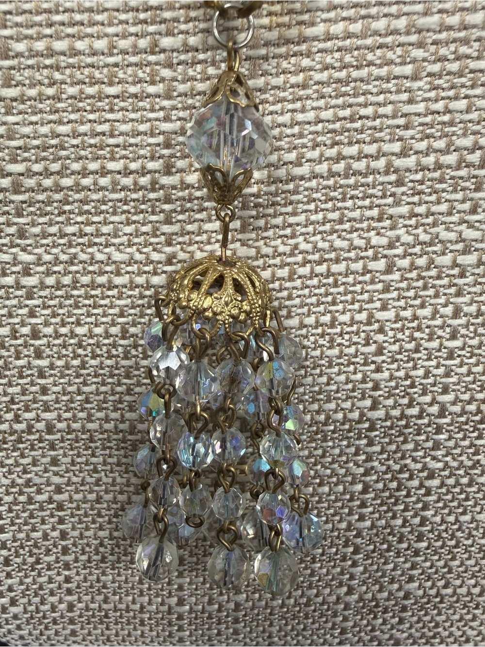 Vintage Crystal Bead Tassel Necklace - AB Crystals and Gold - Picture 3 of 10